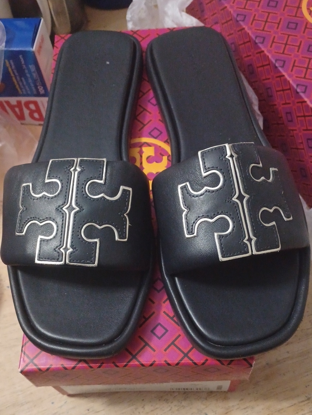 Tory Burch Navy/Gold Double T Sport Slide Nappa Leather Sandals Size 11 - Picture 2 of 9
